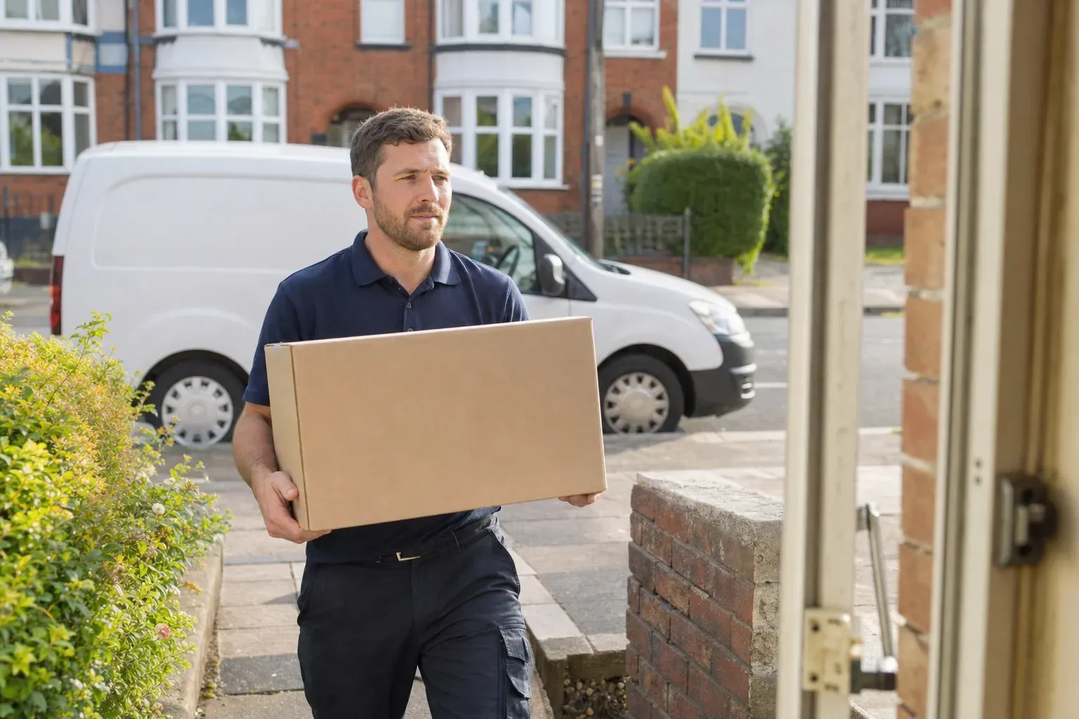 An engineer carrying a boxed new boiler up the front path of a semi-detached house