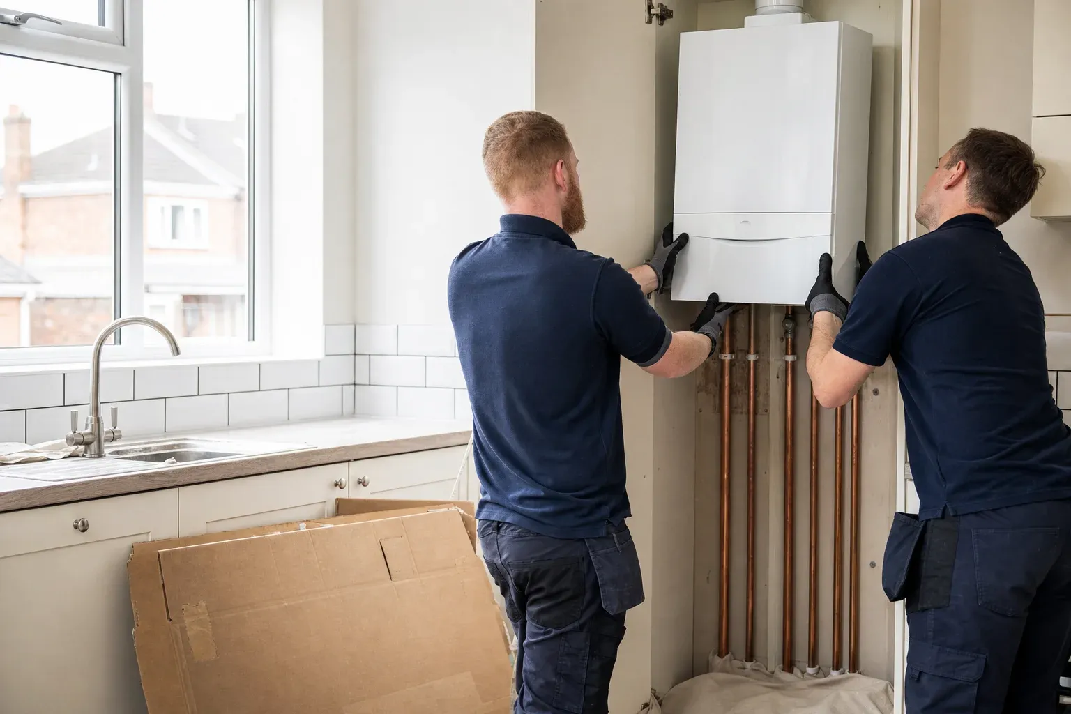 Two heating engineers lifting a new white combi boiler onto its wall bracket in a kitchen