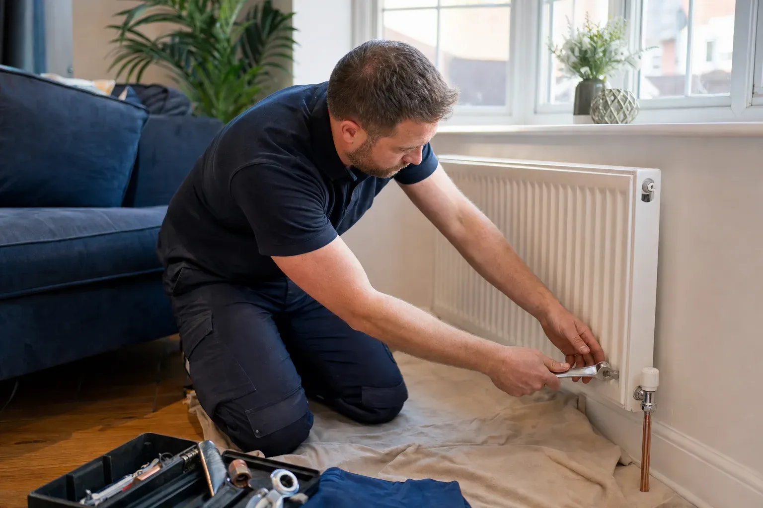 An engineer tightening the valve on a newly fitted white radiator in a living room