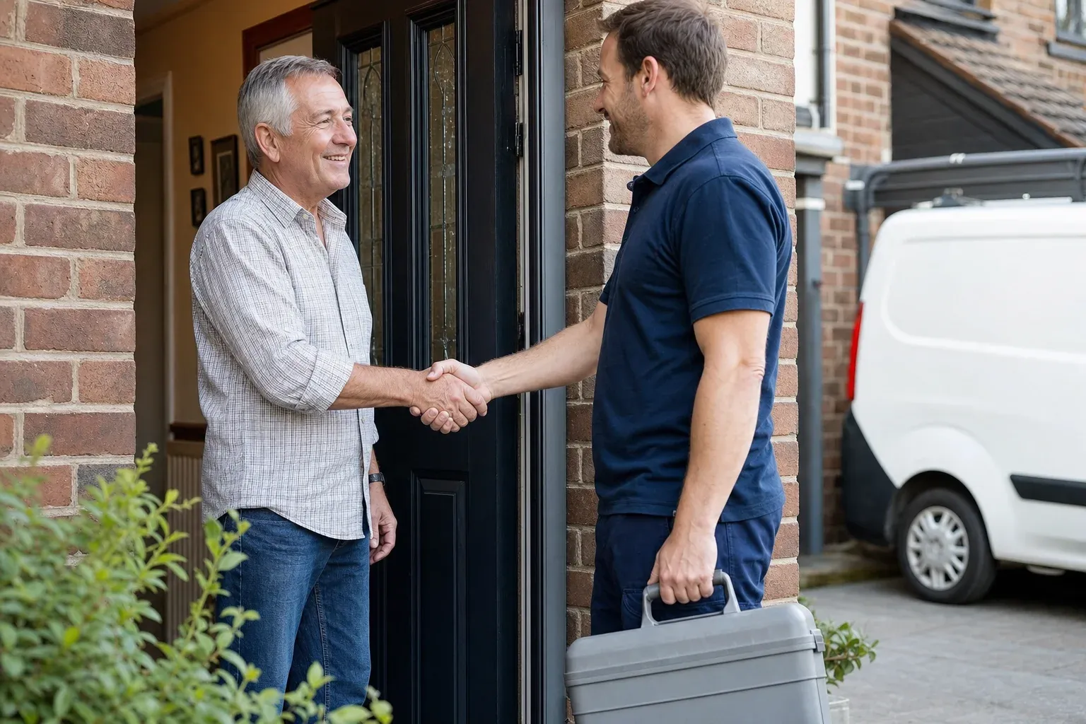 An engineer shaking hands with a homeowner at the front door after the job