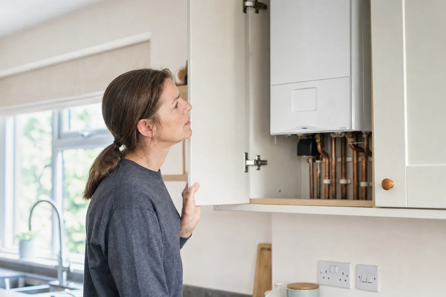 A homeowner looking up at the boiler in her kitchen cupboard to check the pressure