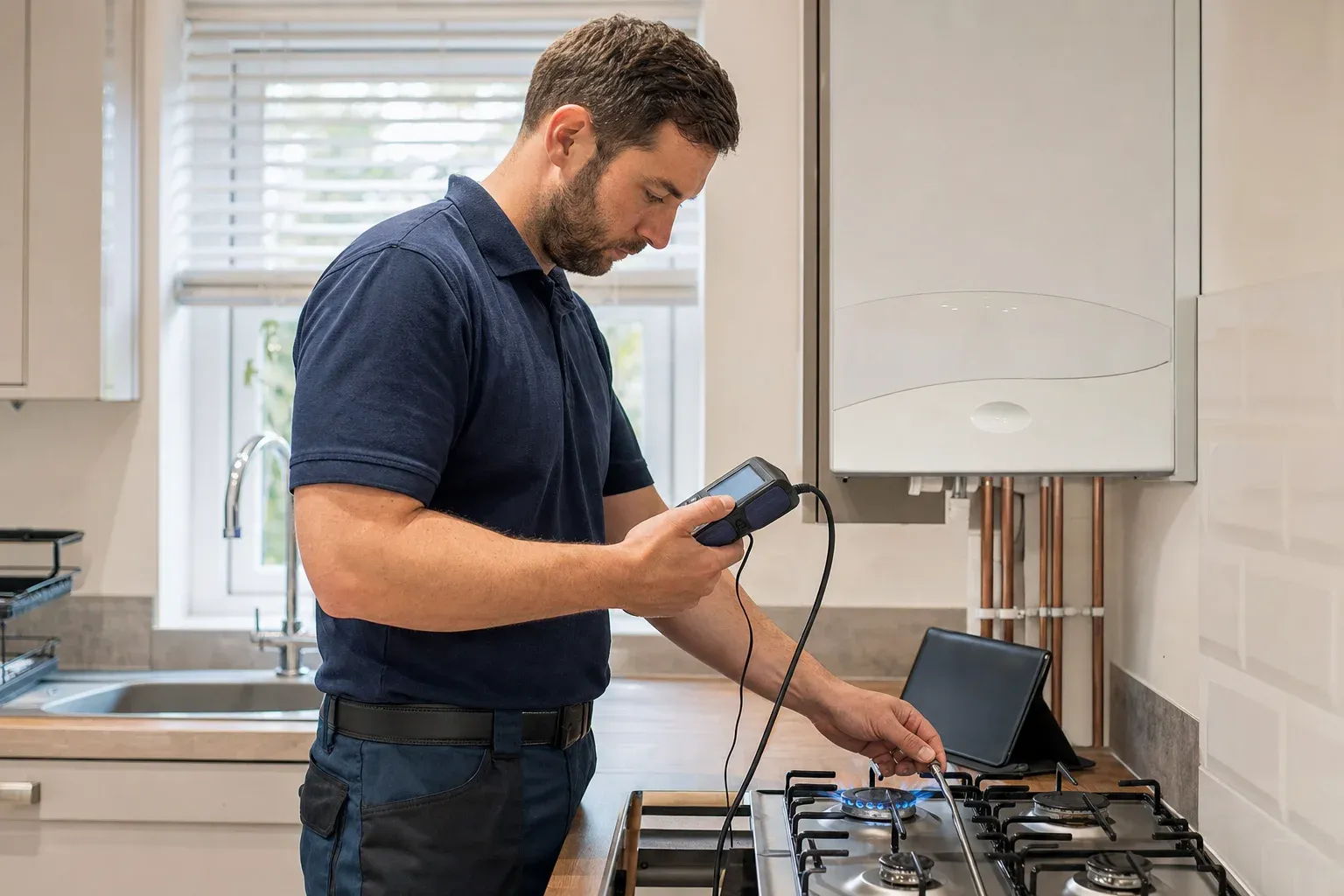 An engineer testing a gas hob with an analyser during a landlord gas safety check