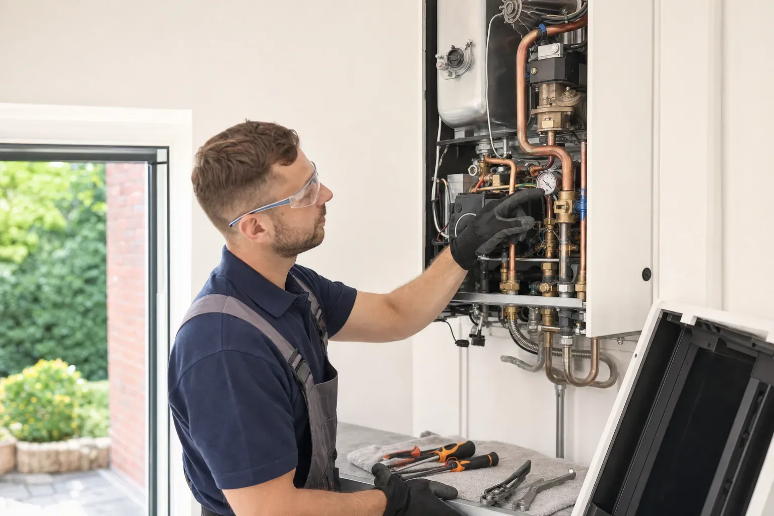 An engineer checking the inside of a boiler during its annual service
