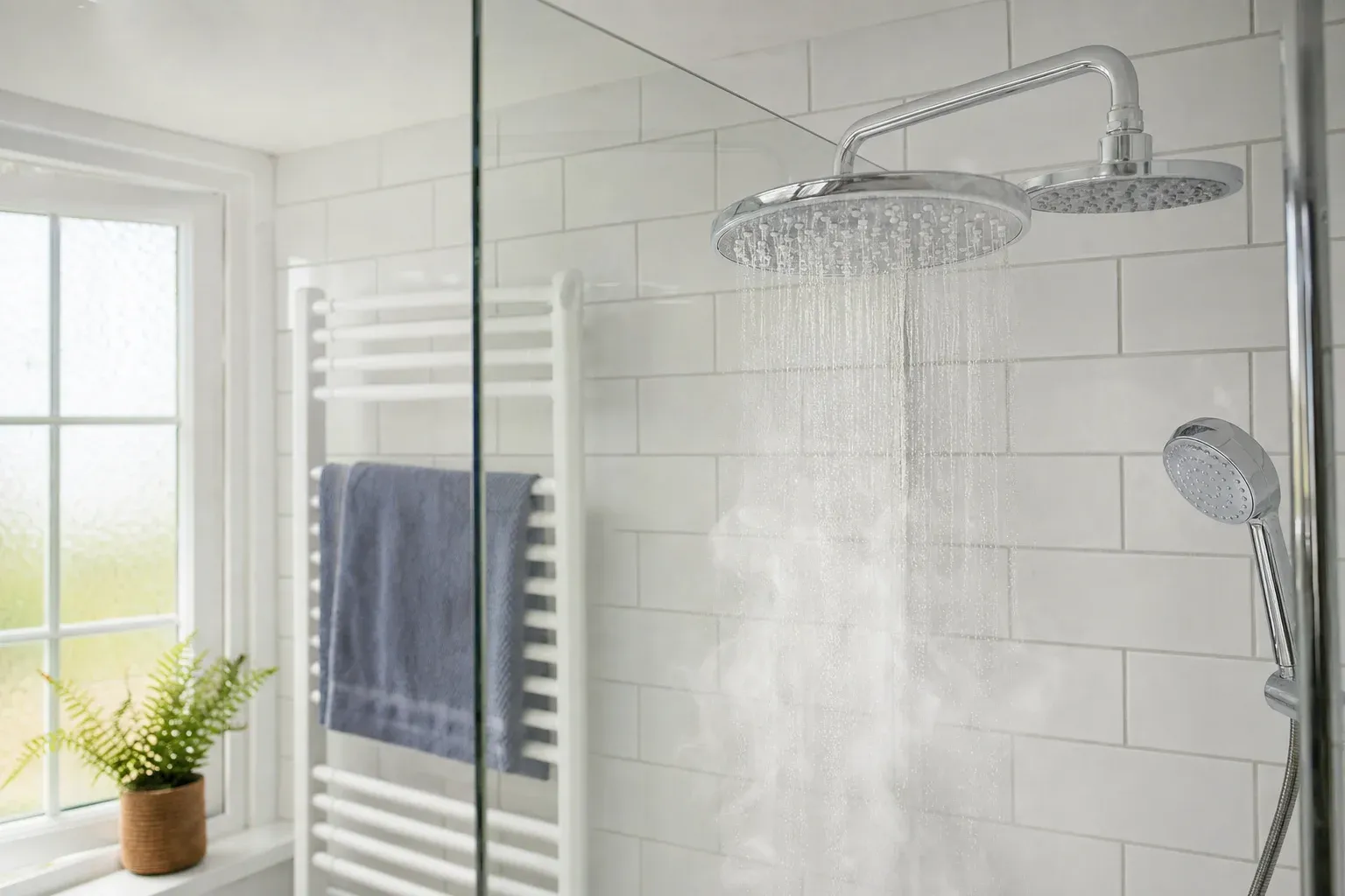 A shower running with hot water in a bright bathroom with white tiles and a towel rail