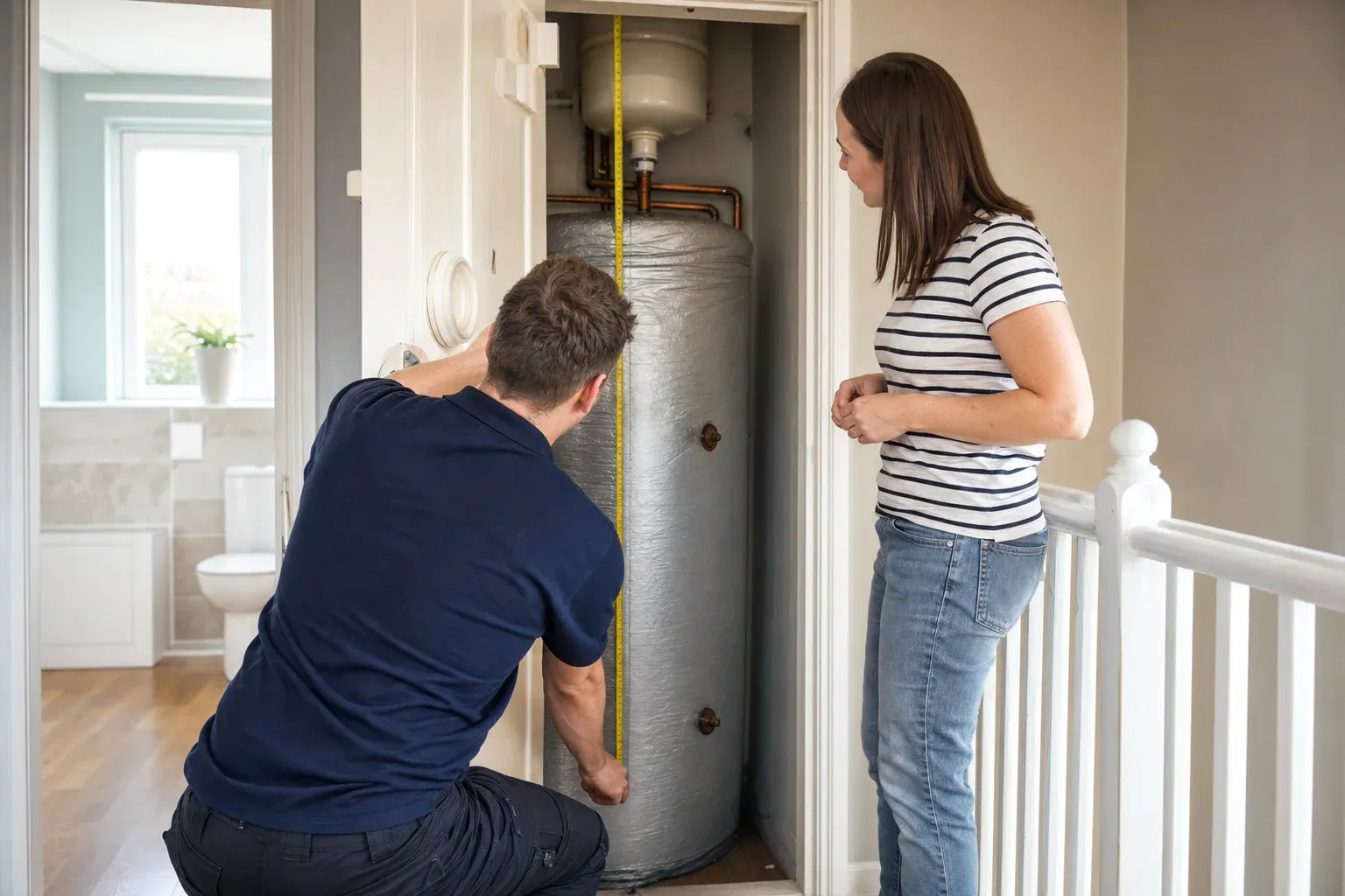 An engineer measuring an airing cupboard and hot water cylinder while the homeowner watches
